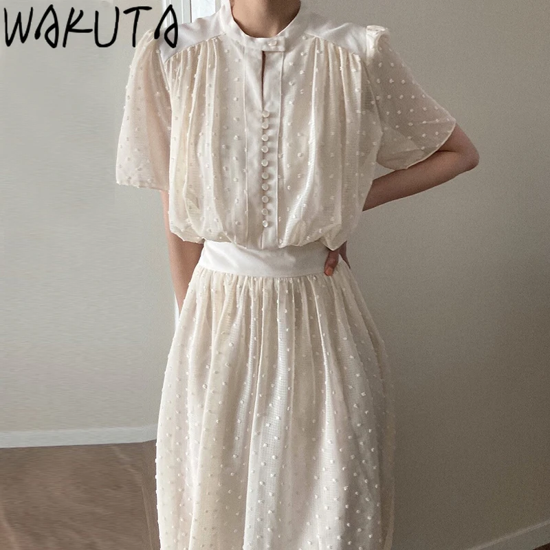 

WAKUTA Dress Elegant French 2024 Summer Three Dimensional Decoartion Dot Hogh Waist Maxi Dresses Korean New Office OL Fashion