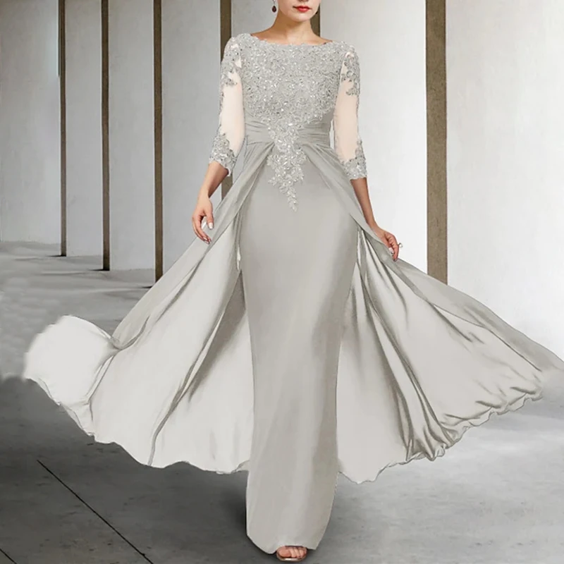 Long Elegant Mother of the Bride Dresses Chiffon Appliques Jewel Neck Floor Length Evening Wedding Party Skirt for Women 2023