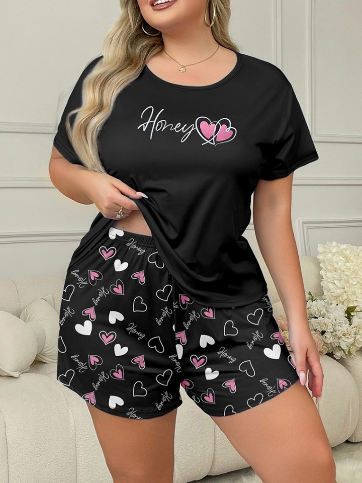 Plus Size Heart Print Women's Pajamas Short Sleeves O Neck Top & Shorts 2 Pieces Female Summer Sleepwear Nightwear Homewear