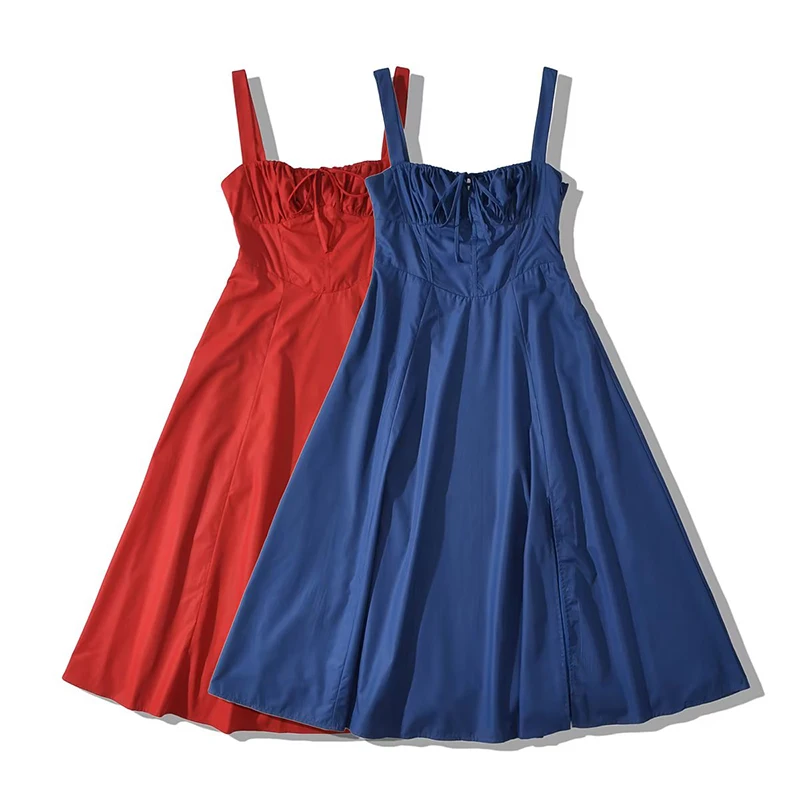 YENKYE Summer Women French Red Corset Sling Dress Sexy Wide Straps