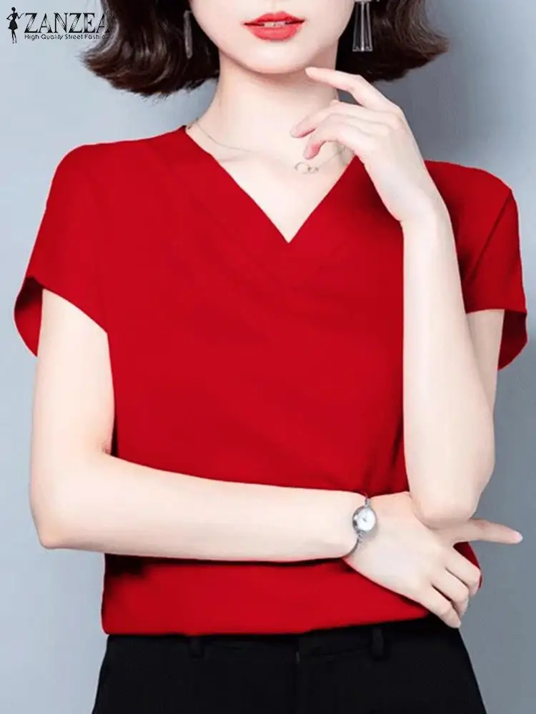 

Elegant Work Blouse ZANZEA Summer Women Short Sleeve Office Satin Shirt Casual V Neck Blusas Female Chemise Fashion Tunic Tops