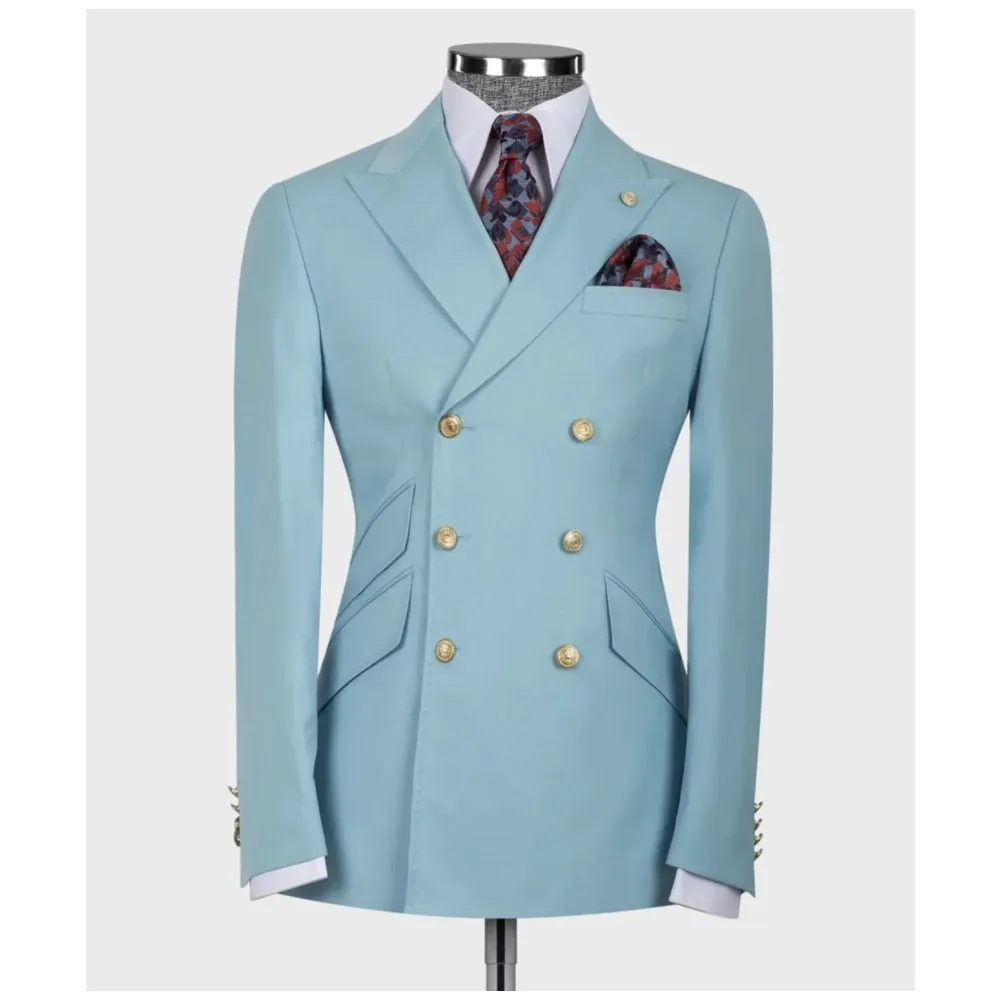 

Мужские классические костюмы небесно-голубого цвета, зауженный костюм из 2 предметов с 6 пуговицами, пиджак для жениха на свадьбу и брюки, двубортный блейзер для лучшего человека, индивидуальный пошив