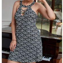 

DOUJILI Sexy Dress Big Size For Women Party Wearing Round Neck Sleeveless Hollow Front Midi Dress For Fashion Ladies