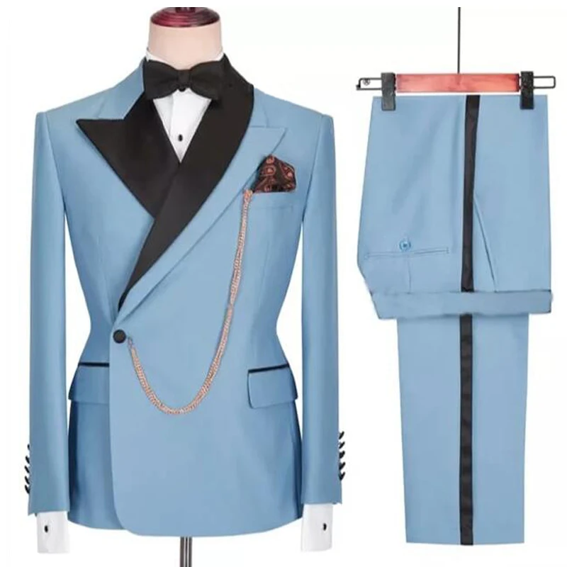 

Men Suit 2 Pieces Double Breasted With Black Peaked Lapel Fit Wedding Groom Tuxedo Prom Party Male Set Jacket With Pants