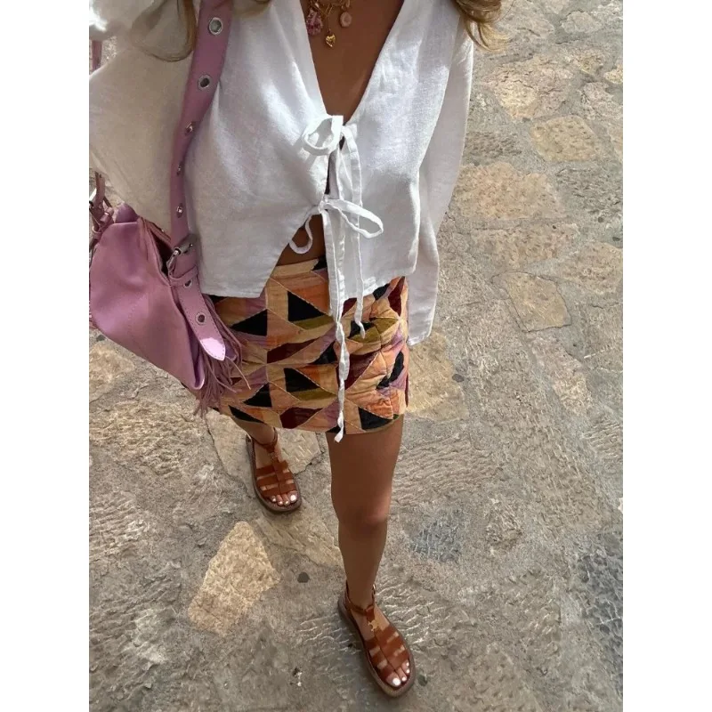 Cotton Linen Lace Up Bow Shirts Women Loose Hollow Out V Neck Long Sleeve Tops Female 2024 Spring New Lady Streetwear Top