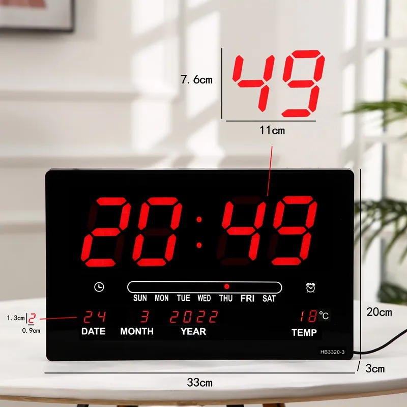 32x20x3CM Large Digital Wall Clock Alarm Hourly Chime Function Table Clock Calendar Temperature Electronic LED Clocks with Plug 