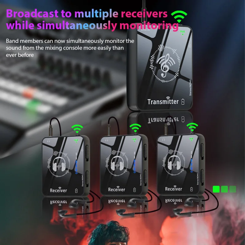 2.4GHz Wireless Earphone Monitor Transmission System Rechargeable Transmitter Receiver Mono/Stereo Switch 30m/98ft Transmission