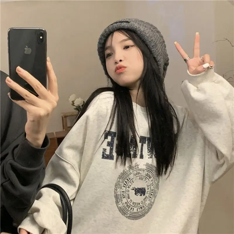 Women Fall Winter 2023 New Brushed Thickened Sweatshirt Harajuku Loose Letter Print Oversize  Popular Element Leisure Hoodie
