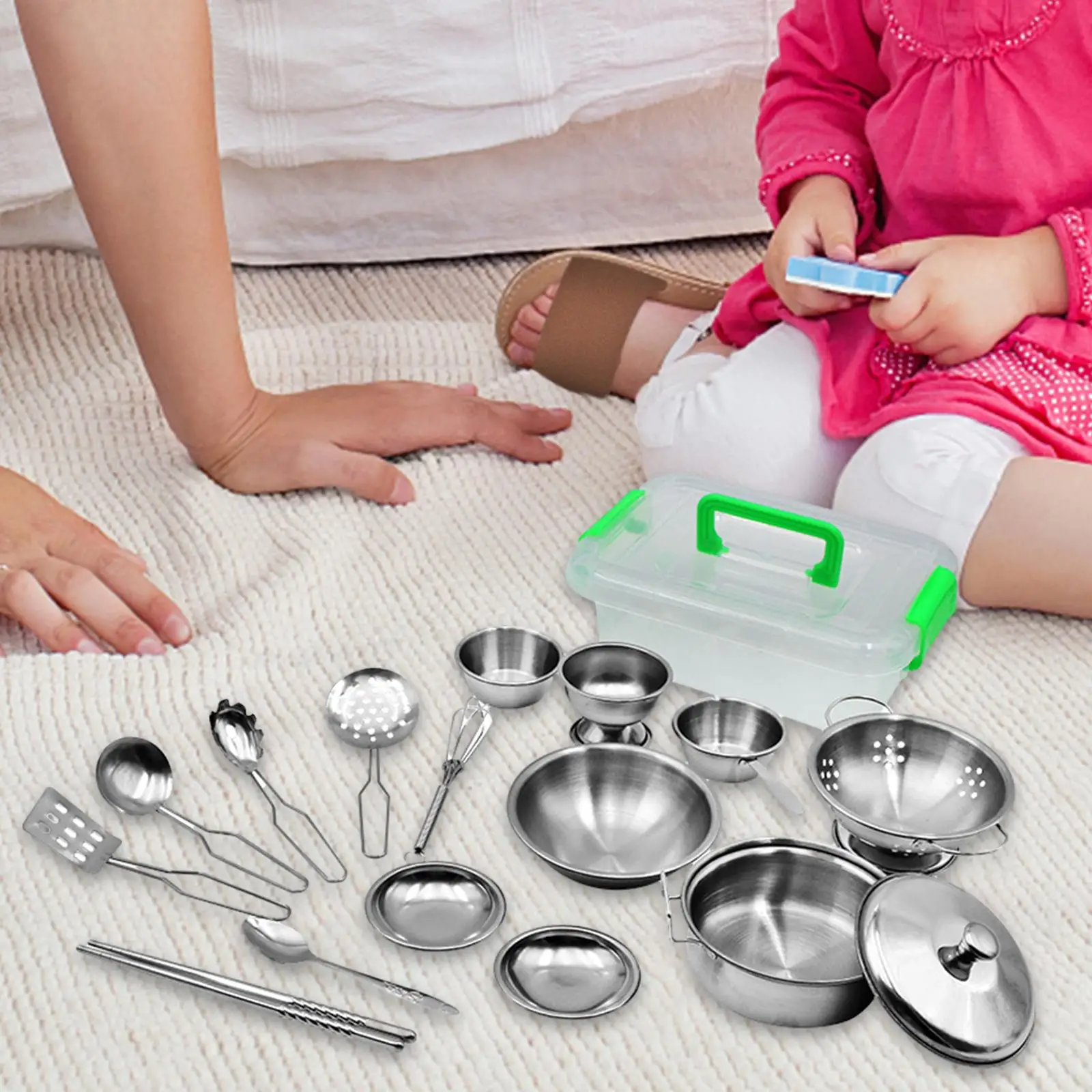 17Pcs Pretend Play Kitchen Toys Cookware Mini Stainless Steel Cookware Playset for Kids Party Favor Preschool Ages 3+ Years Old