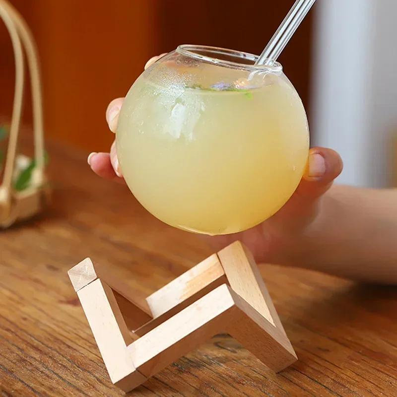 Drinking Glasses Wood Stand Lunar Round Shape Cocktail Mug Smoothie Fruit Juice Tumbler Transparent