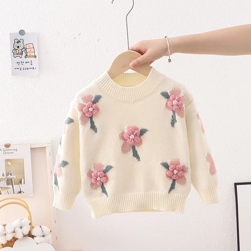 Girls Floral Knitted Sweaters Autumn Toddler Pullover Knitwear