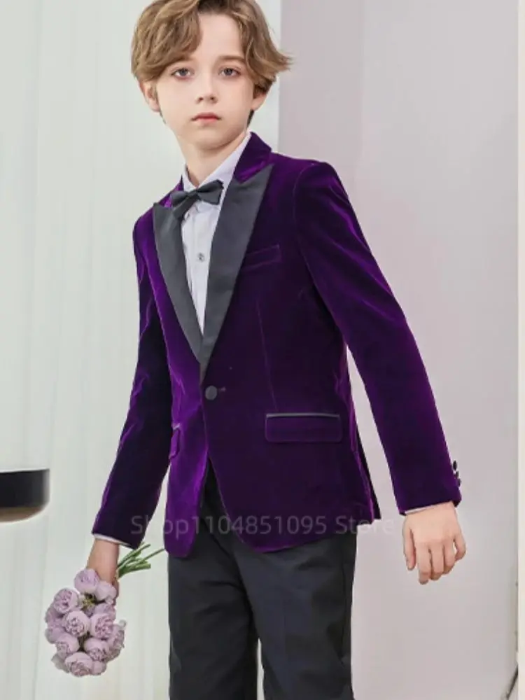 Purple/Red Velvet Boy's Suit Set Children Prom Formal Blazer Black Pants 2 Pieces Wedding Flower Kid Slim Fit Tuxedo Outfits