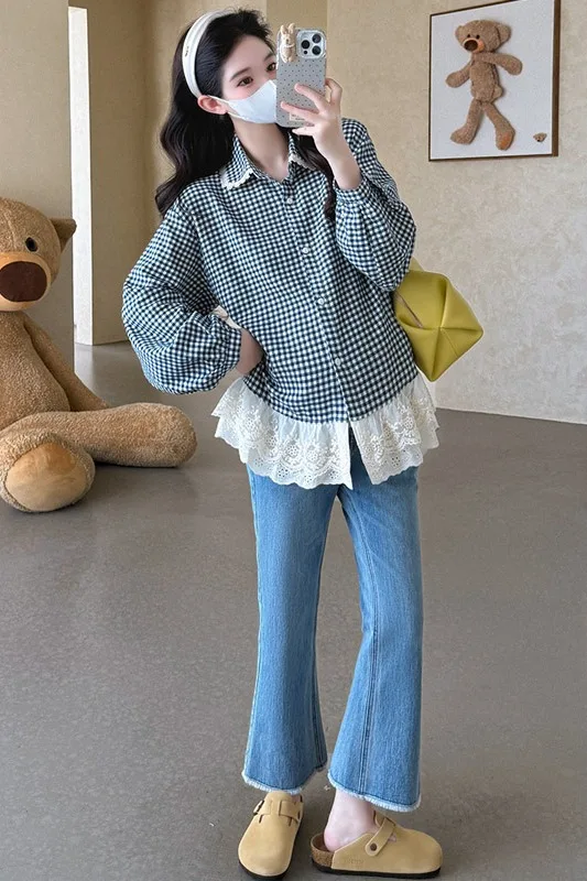 G82433 임산부용 탑 체크 무늬 두꺼운 루즈 레이스 패치워크 탑 여성용 임산부용 탑