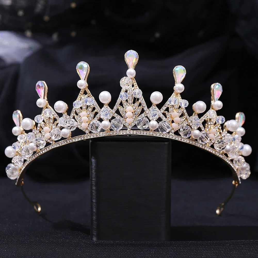 

Bridal alloy rhinestone handmade crown Korean handmade string crystal beads pearl wedding head accessories headband