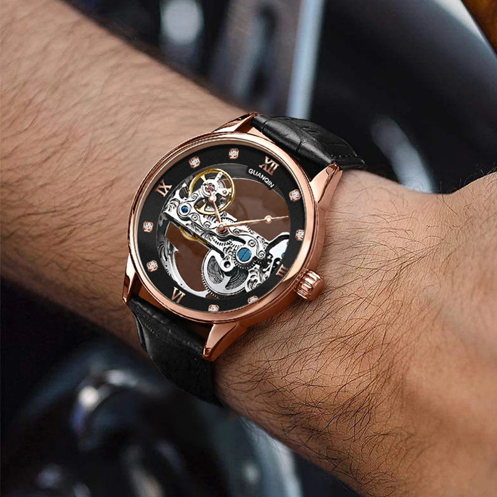 2024 New GUANQIN Mens Mechanical Watches Top Brand Luxury Automatic Watch For Men Waterproof Sports Men Wristwatch Clock Leather