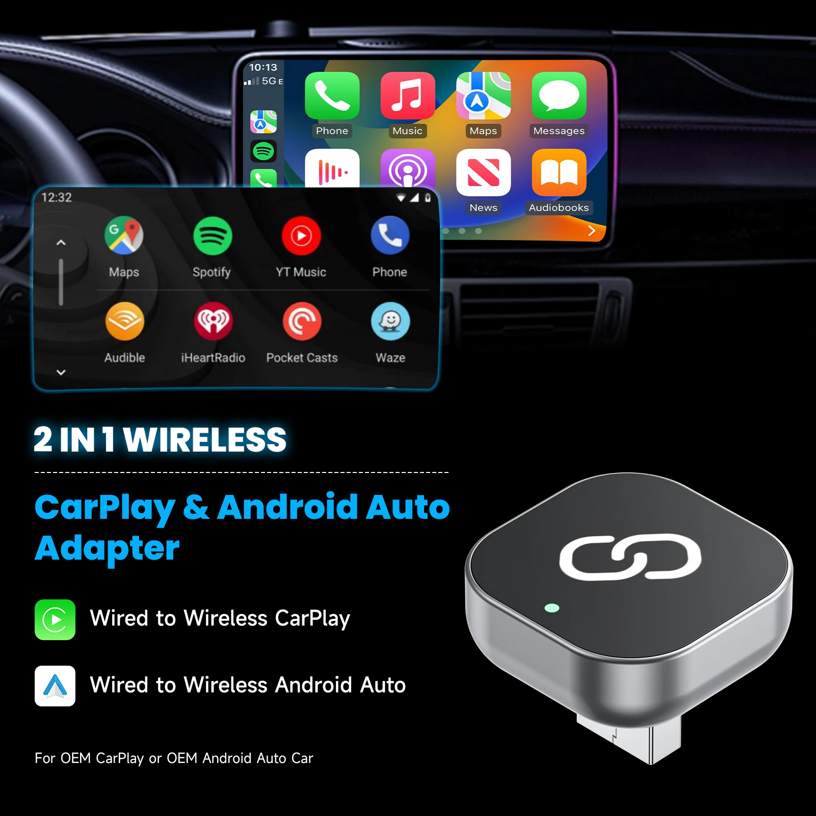 2 in 1 Wireless CarPlay Adapter Plug & Plug Auto Converts Wired to Wireless Compatible for iPhone & Android Mini Metal Design