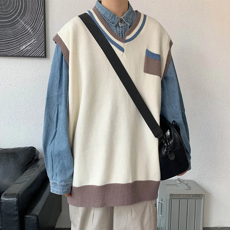 Sweater Vest Men Spring V-neck Japanese Vintage Contrast College Knitted Fashion Loose All-match Sleeveless Clothing V42