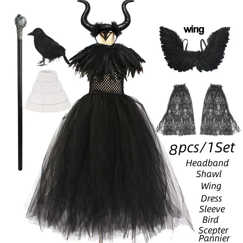 Halloween Maleficent Kostüm für Mädchen Evil Queen Dress Up Kostüme Hexe Teufel Schwarz Mesh Prinzessin Kleid Cosplay – Detail 15