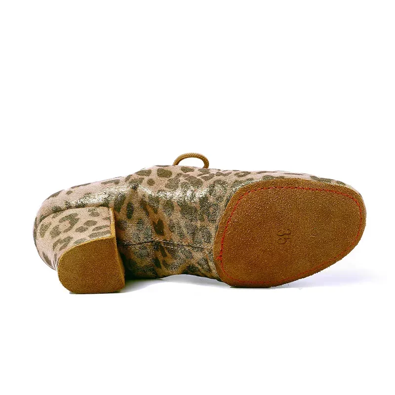 Salsa Jazz Dance Shoes for women girls Golden leopard print Latin Dance Shoes For Women Soft Soles Lace-Up 5cm High Heels 4
