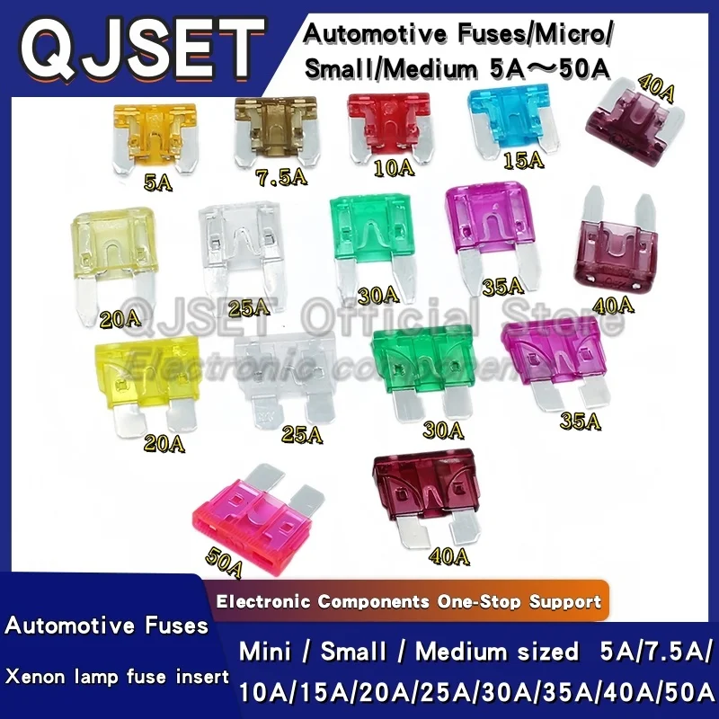 Assorted Miniature Medium-Small Amp Fuses Set - 10 pcs, 5A to 50A Range
