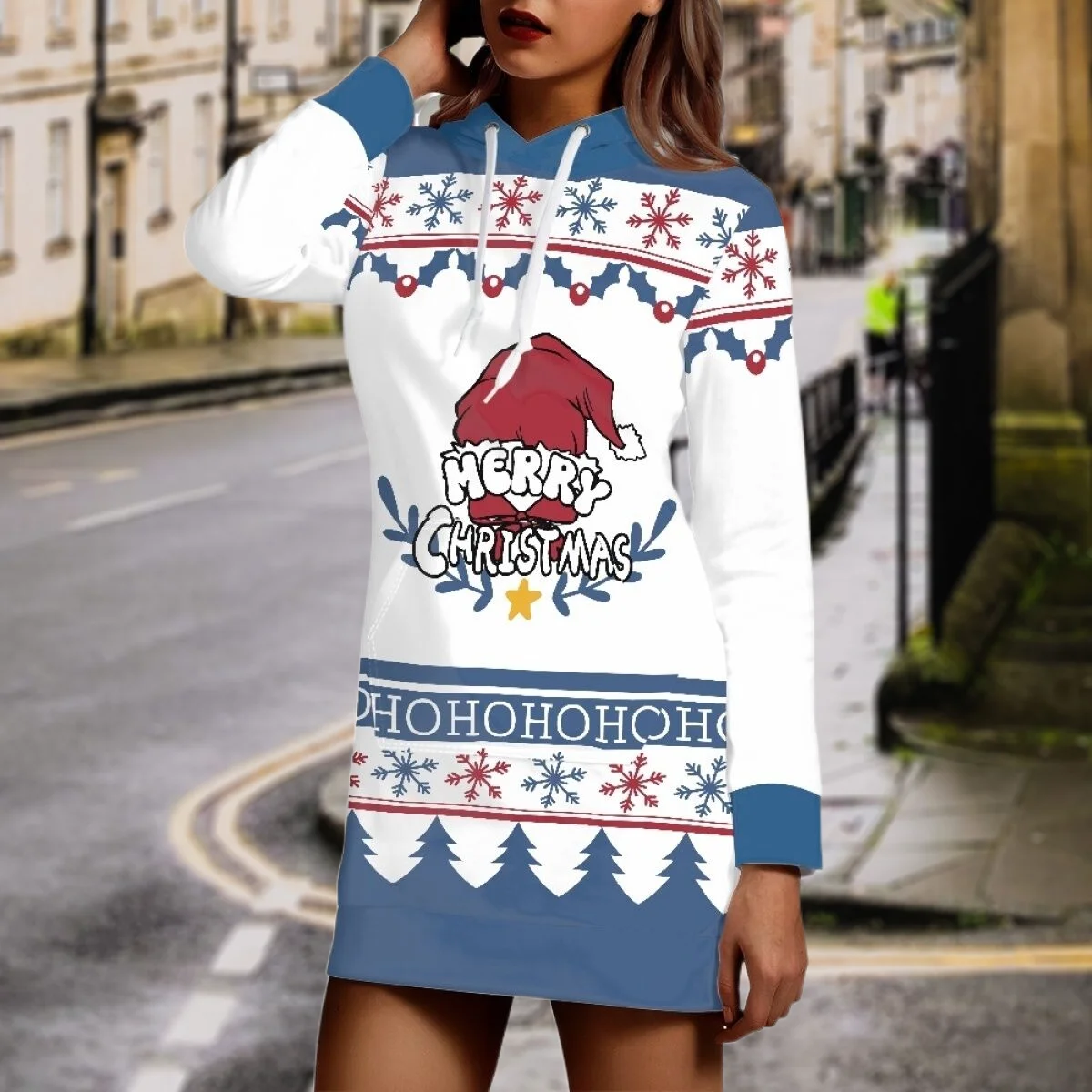 

New Christmas Hat Pattern Hoodie Autumn Winter Sweatshirt Dress Women's Casual Long Party Clothing Skin Friendly Pullover Dress