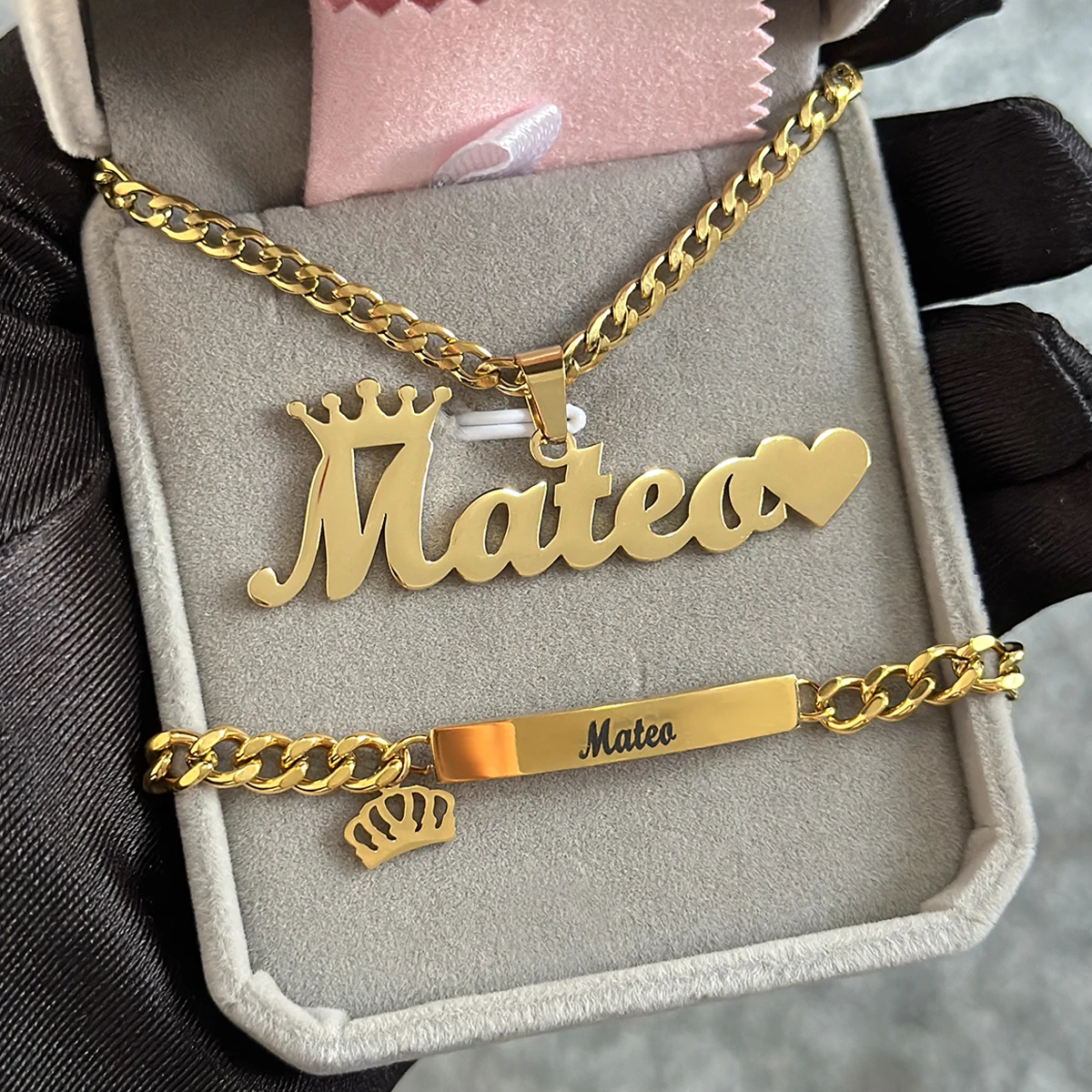 DHQH Original New Custom Name Set Jewelry Stainless Steel Love Crown Name Pendant Engraved Name Children's Bracelet Necklace Set - Image 2