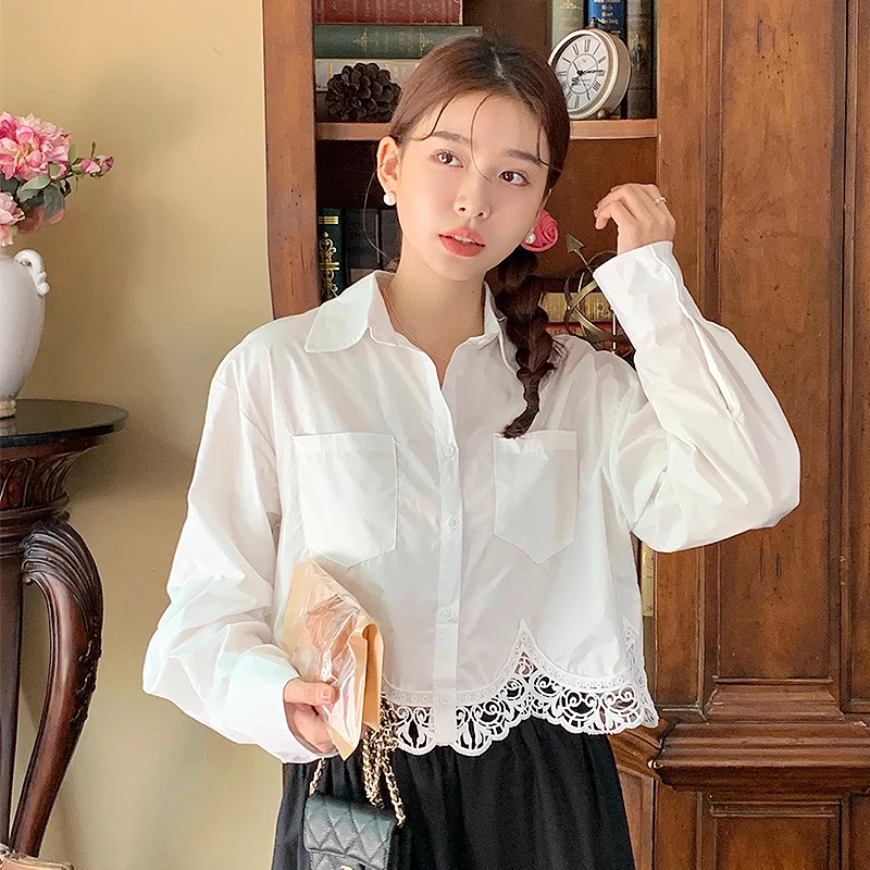 

VANOVICH Korean Style Autumn New Polo Collar Single-breasted Patchwork Lace Loose Long-sleeved Shirt Women Sweet Casual Shirt