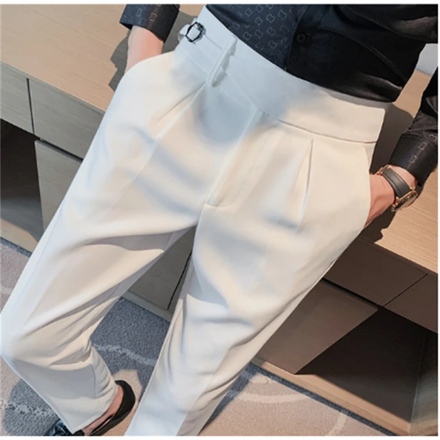 British Style Men High Waist Casual Dress Pant Men Belt Design Slim  Trousers Formal Office Social