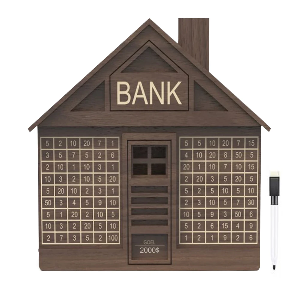 House Shaped Piggy Bank Money Saving Box with Number & Marker Rustic Coin Bank Money Storage Box for Children and Adults