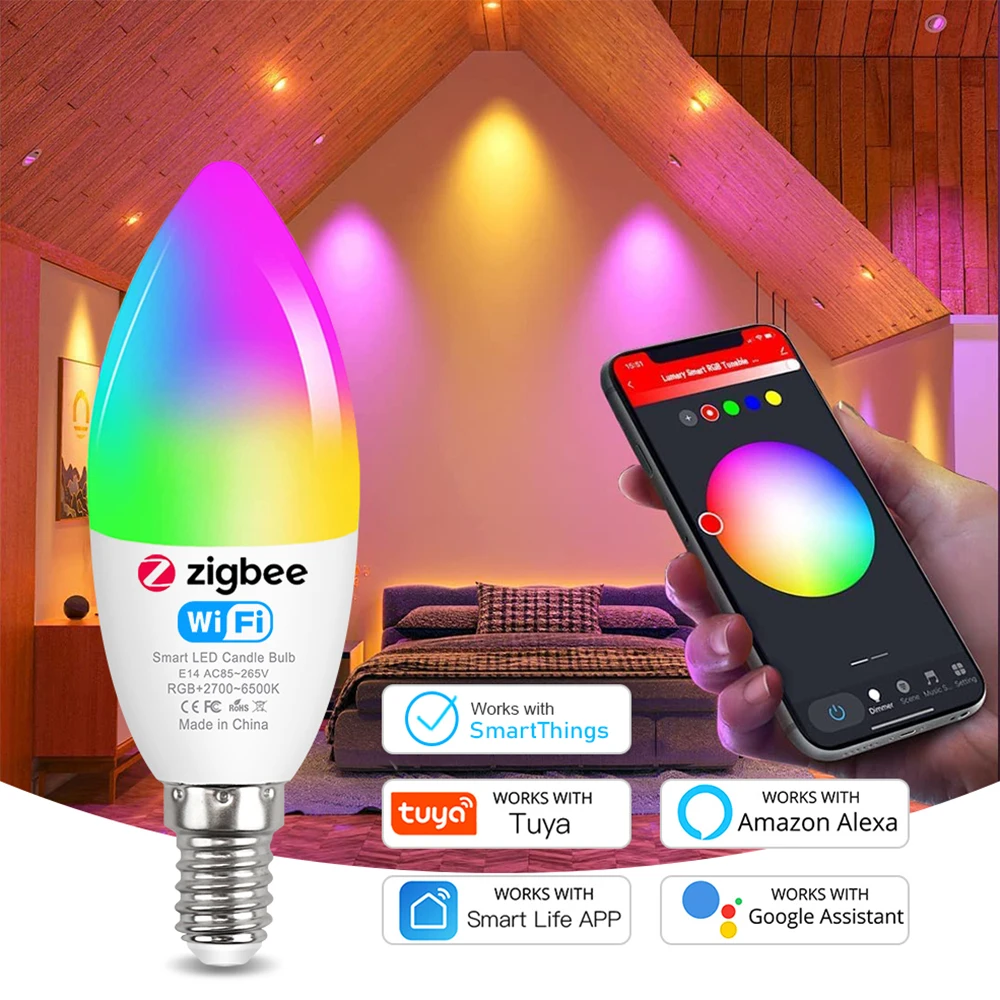 Indbildsk Vært for ulovlig Tuya E14 Smart ZigBee 3.0 WiFi Candle Light Bulb AC85-265V LED Light  Chandelier Lamp Bedroom Lamp Smart Life Alexa Google Home _ - AliExpress  Mobile