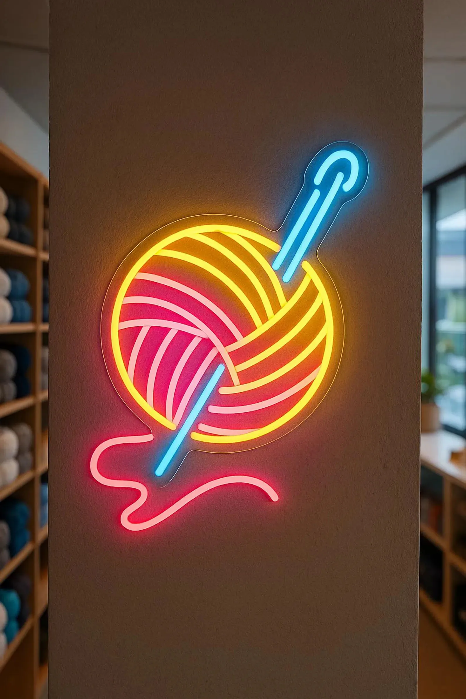 실과 크로셰 후크 네온 사인, 수제 스튜디오 장식, 뜨개질 장식, 뜨개질 네온 장 실