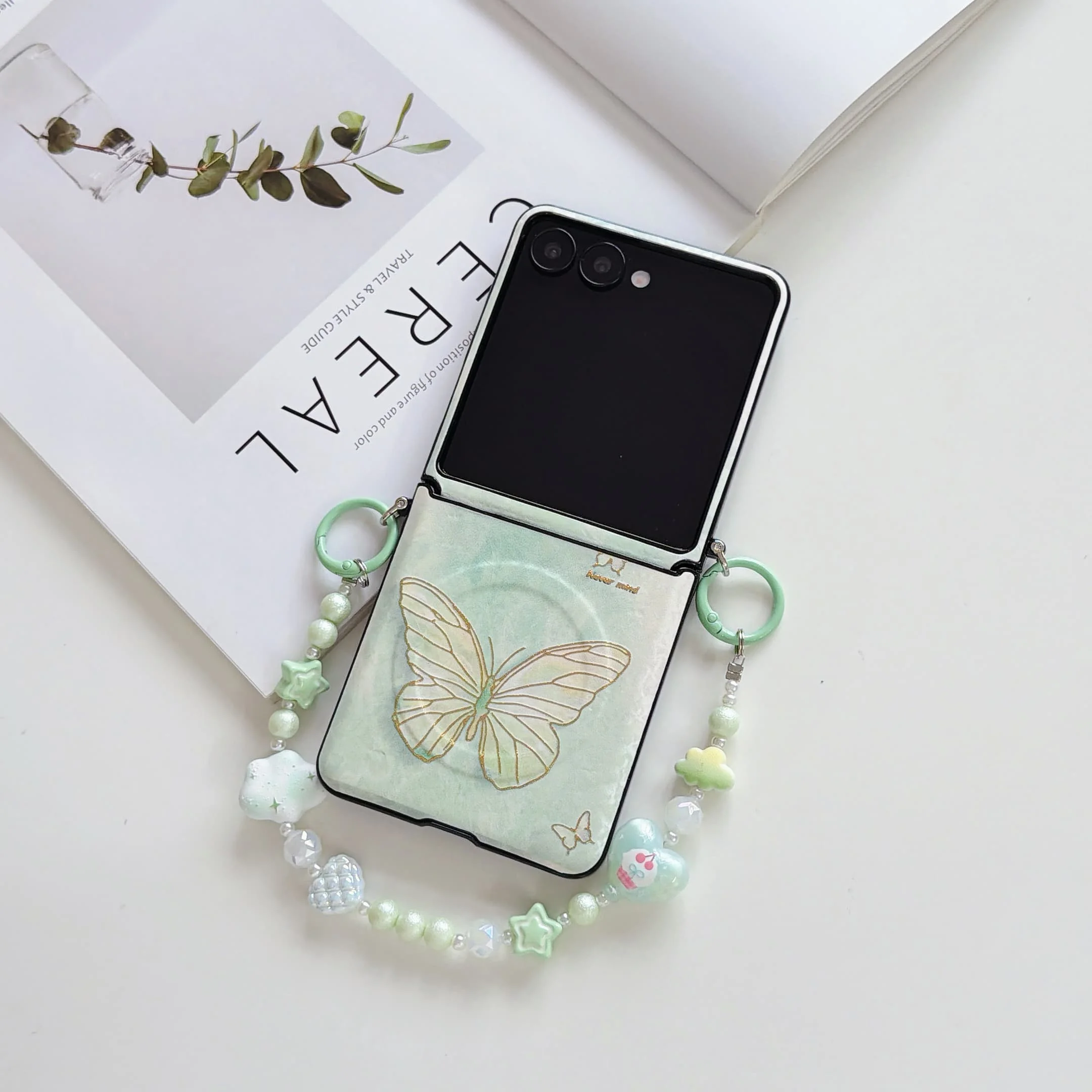 Magnetic Butterfly Pattern Shockproof Case with Flower Pendant Strap and Hinge Protection
