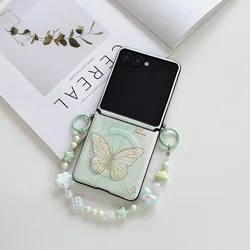 Magnetic Butterfly Pattern Shockproof Case with Flower Pendant Strap and Hinge Protection - Galaxy Z Flip5 (Green)