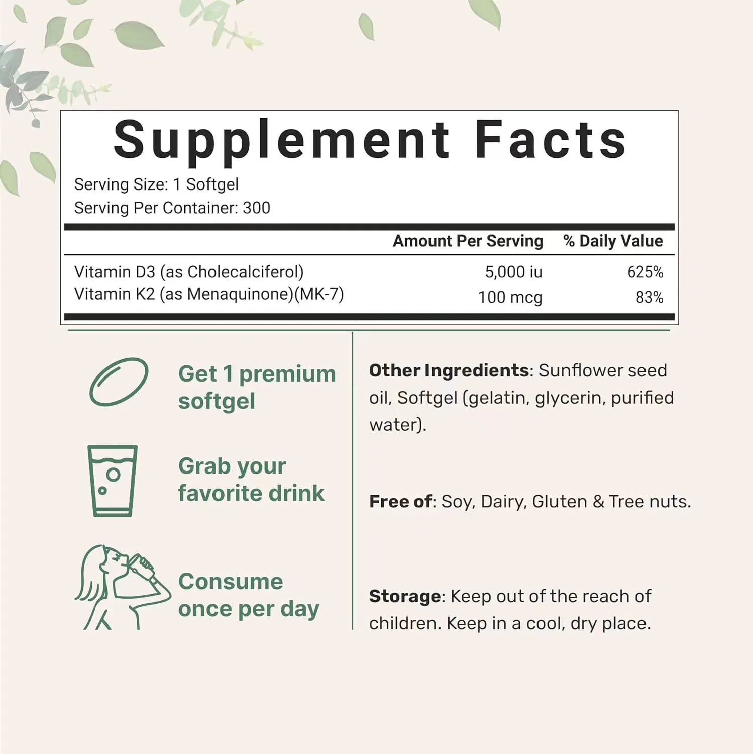 2 In 1 Formula Vitamin D3 5000 IU K2 100MCG Coconut Oil 180-900 Softgels