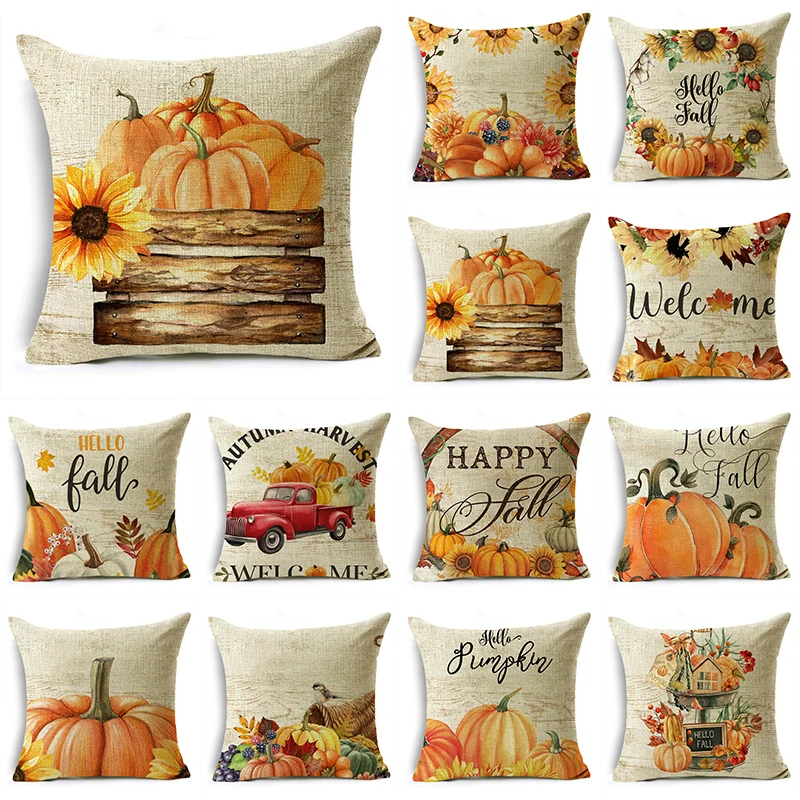 

Classical Retro Fall Pumpkin Sunflowers Linen Throw Pillowcase Cushion Covers For Sofa Office Bedroom Decor Multiple Size