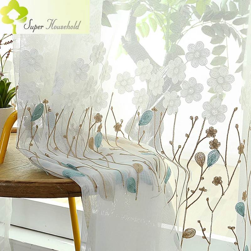 Korean Embroidered Flower Tulle Curtains For Bedroom Window White Sheer