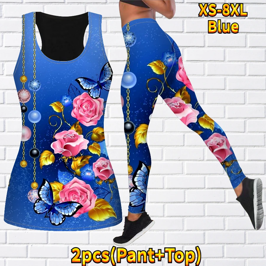 Women\'s Fashion 3D Blossom Print Tank Top and Tights Summer Sleeveless Slim Fit Tank Top Yoga Set XS-8XL