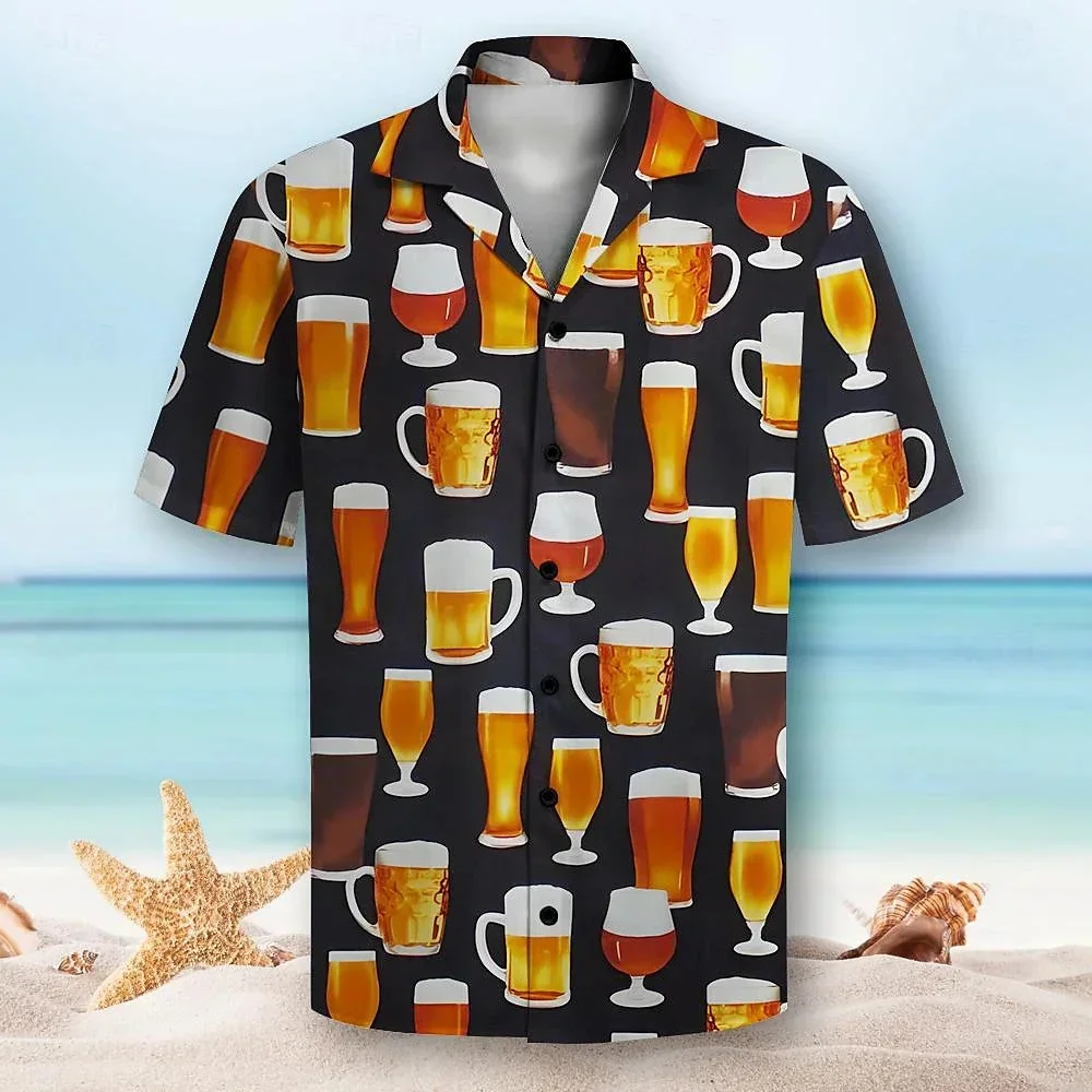 Men's Printed Short Sleeve Shirt, Leisure, Daily, Summer, Flip Collar, Button, Designer Shirt, Beer, Hawaii Resort, Party