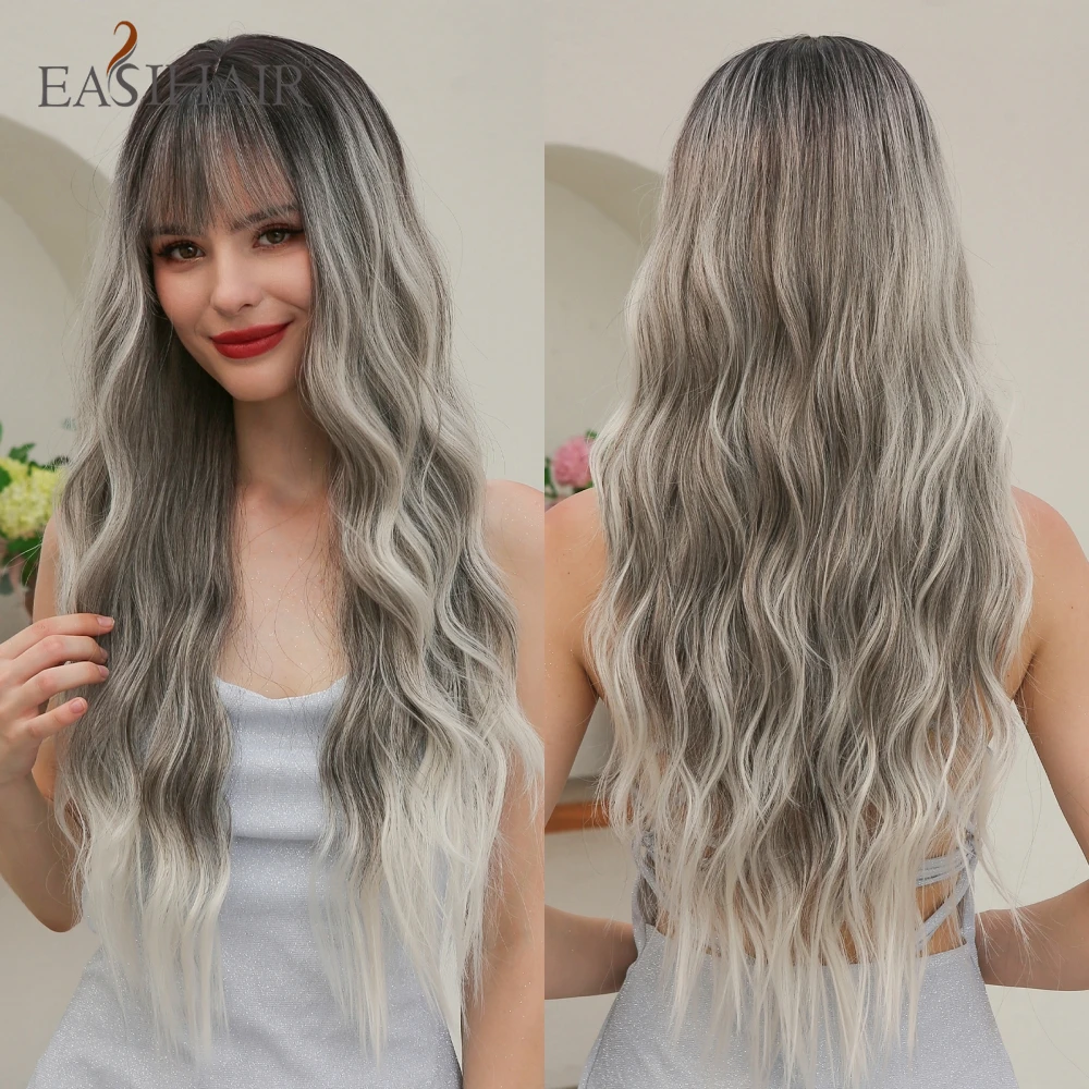 

Ombre Gray Blonde Long Wavy Synthetic Wigs with Bangs Silver Brown Water Wave Wigs for Women Daily Cosplay Party Heat Resistant