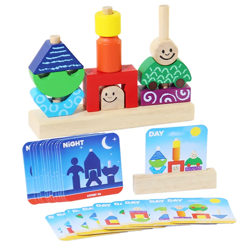 Wooden Blocks Stacked Shape Matching Game Montessori Logical Thinking Training Creative Day/Night Themed Puzzle Games Kids Toys