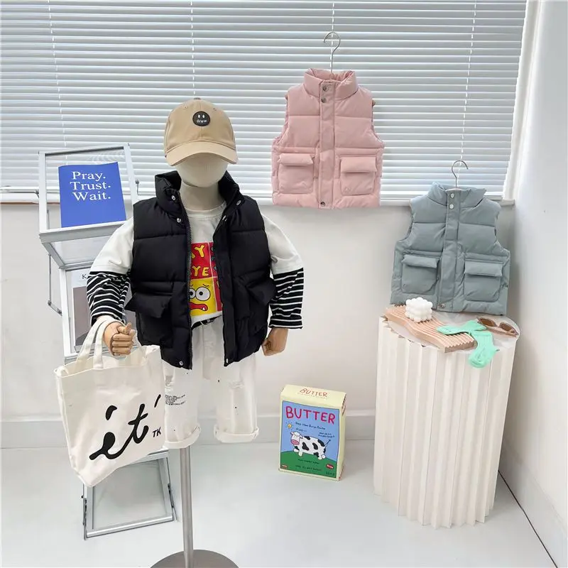 어린이 다운 조끼 소년 소녀 캐주얼 코튼 조끼 가을 겨울 어린이 방수 두꺼운 코트 주머니가있는 따뜻한 겉옷 천