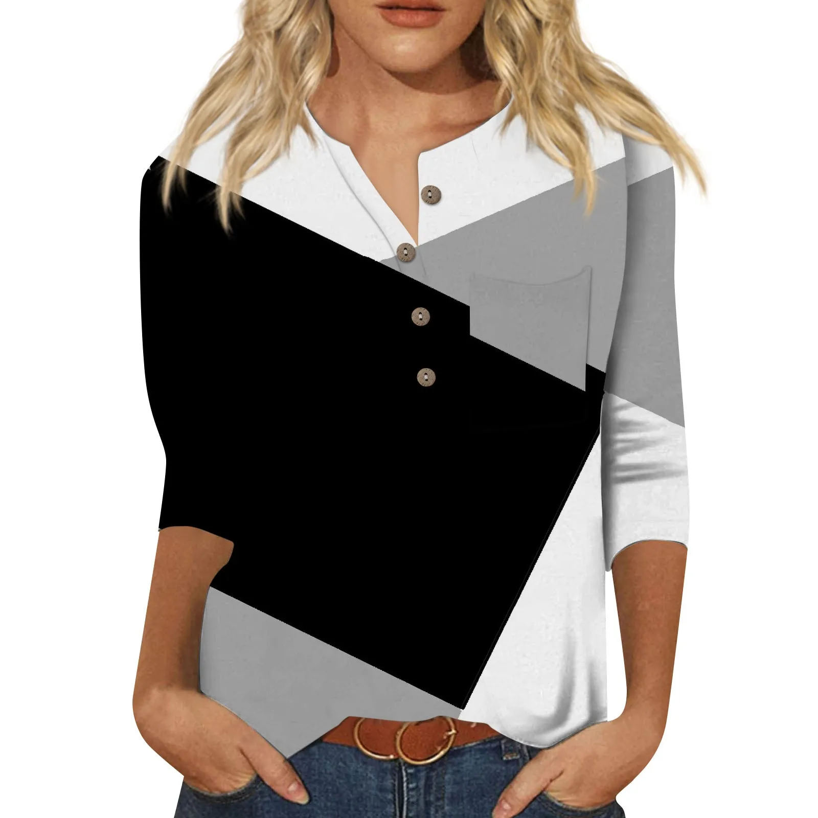 

Женский винтажный топ с геометрическим принтом, Повседневная футболка с рукавом три четверти и воротником на пуговицах, 2024