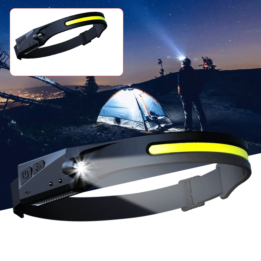 Cob led farol sensor com built-in bateria lanterna recarregável usb lâmpada de cabeça 5 modos de iluminação tocha luz de trabalho