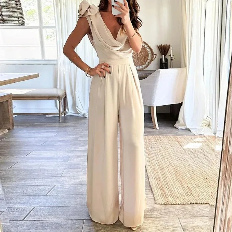 Women's Low Neck Elegant Sleeveless Wide Leg Jumpsuit Temperament Commuting Summer New Female Fashion High Waist Jumpsuits