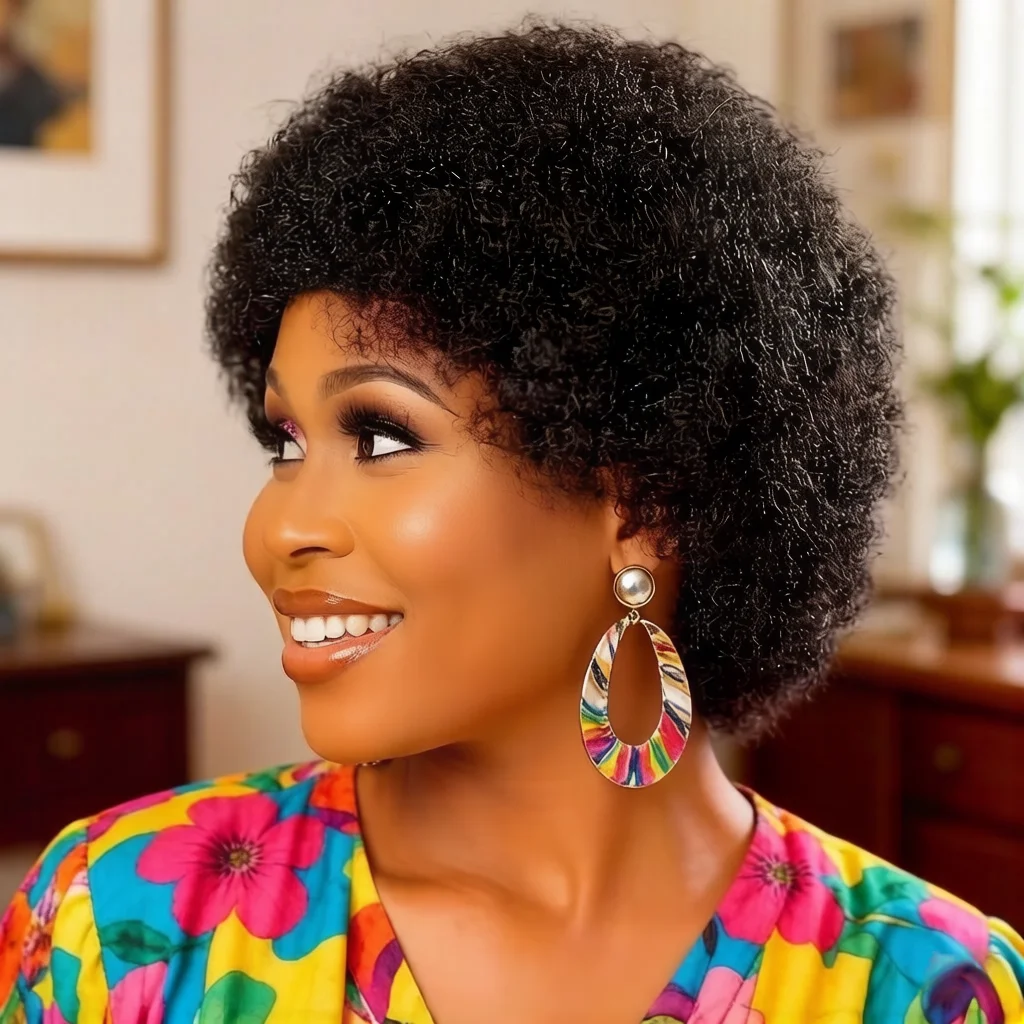 99J 버건디 아프로 곱슬머리 인모 가발 (여성용), 미가공 천연 곱슬머리 가발, 풀머신 제작 가발 (자연모)