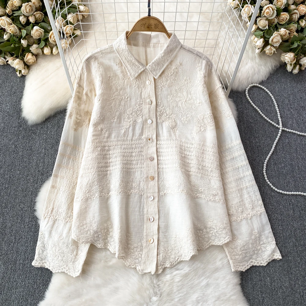 

Spring Autumn Cotton Embroidery Shirt Women Polo Neck Long Sleeve Loose Solid Elegant Vintage Irregular Blouses Top Basics 2024