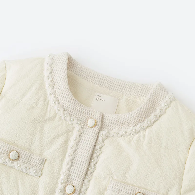 INMAN Women 90% White Duck Down Jacket 2023 Winter Long Sleeve O Neck Loose Thick Coat Pearl Decoration Elegant Apricot Outwear