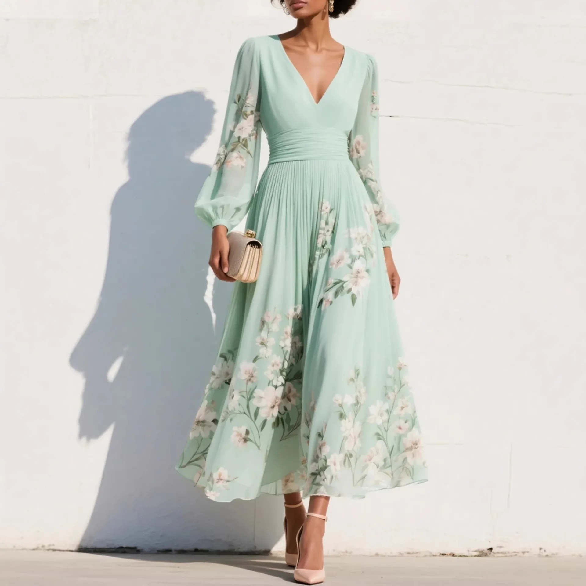 V-neck Long-sleeved Summer Sexy Tunic Hem A-line Fashion Printed Long Skirt Womens Elegant Commuting Resort Versatile Long Skirt
