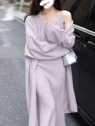 2023 Autumn Korean Elegant Knitted Long Cardigan Set Women Outwear Office Lady French Cardigan + Casual Slim Midi Party Dress
