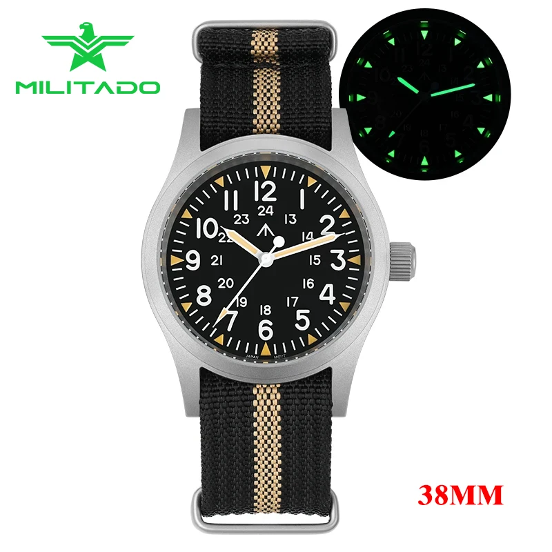 Militado 38Mm Field Watch Domed Sapphire Crystal Vh31 Quartz 100M Waterproof C3 Super Luminoso Retro Field Watch Omaggio Reloj